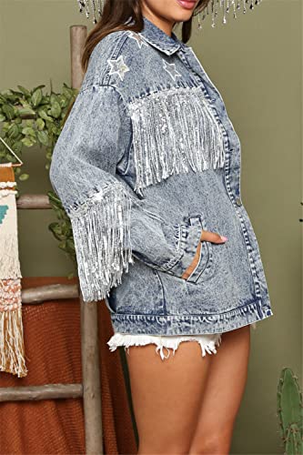 Oversized Denim Jacket For Women Embellished Stars Rhinestone Tassel Casual Jean Jacket Coat #TOP5
