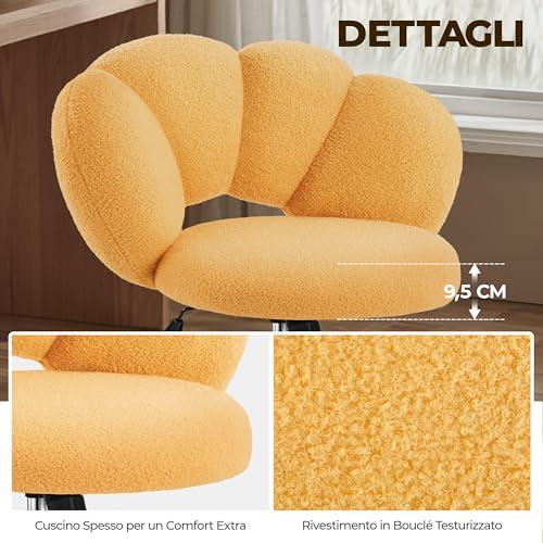 Sedia da Ufficio Scrivania Cameretta Imbottita Senza Braccioli Ergonomica con Ruote Girevole, Schienale Design a Nuvola in Tessuto Bouclé, Altezza Regolabile Giallo - Sedia gaming - Immagine 4