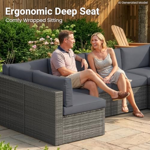 Image of Wisteria Lane 7 Pieces Outdoor Patio Furniture Set, Wicker Outdoor Patio Sectional Sofas with Coffee Table, All-Weather Patio Conversation Set for Garden Backyard, Grey