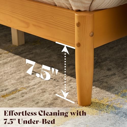 Image of AMERLIFE Solid Wood Full Size Bed Frame, Mid Century Modern Platform Bed with Full Panel Headboard, Noise-Free & Cylindrical Legs, No Box Spring Needed, Under-Bed Storage, Natural Wood