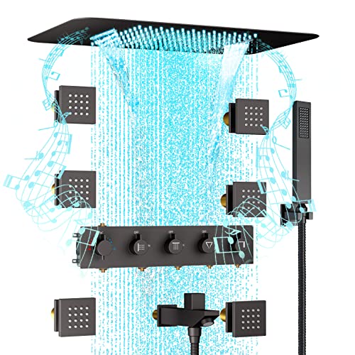 Thermostatic Shower System, Smart Shower System with Light and Music, 23 Inch LED Large Luxury Full Body Shower System with Body Jets, 64 Colors (23inch Matte Black Shower System) Thermostatic Shower System, Smart Shower System with Light and Music, 23 Inch LED Large Luxury Full Body Shower System with Body Jets, 64 Colors (23inch Matte Black Shower System)