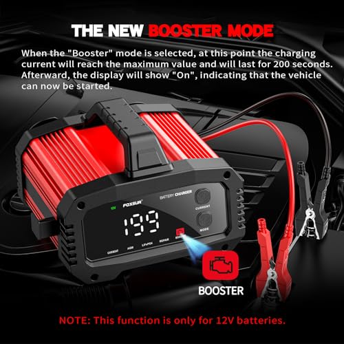 YONHAN 25Amp Battery Charger 12V/24V LiFePO4 Car Battery Charger with Booster Mode, 5 Level Adjustable Current (25A/20A/8A/2A/AUTO-A), Battery Maintainer Trickle Charger for All Lead Acid Batteries - Thumbnail 3