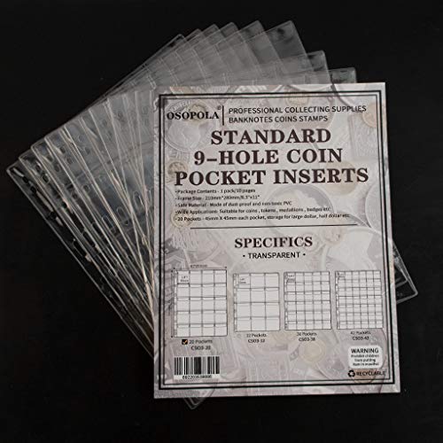 Image of 200 Pocket Coin Binder Pages 1.77 inch Collection Album Holder 10 Pcs | OSOPOLA Acidfree PVC 45x45mm Pockets Fit Coins With A Diameter Below 40mm 10 Binder Sheets 20 Pockets /Sheet CS03220