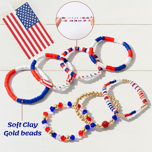 Y1tvei American Flag Bracelet for Women - 4th of July Accessories Chains Red White and Blue Clay Beaded Stretch Bracelet Preppy American Patriotic USA Love Flag Stretchable Jewelry Gifts for Women Men2