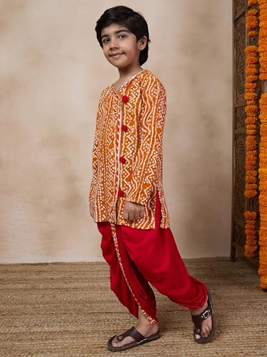 Pspeaches Boys Bandhani Printed V Neck Gotta Patti Kurta With Dhoti Pants (8-10Years)