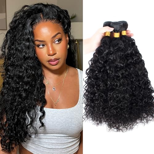 Water Wave Human Hair Bundles Wet and Wavy Bundles Human Hair Brazilian Unprocessed Remy Hair Water Wave Weave Extensions 10 12 14 Inch Natural Black Curly Hair Bundles