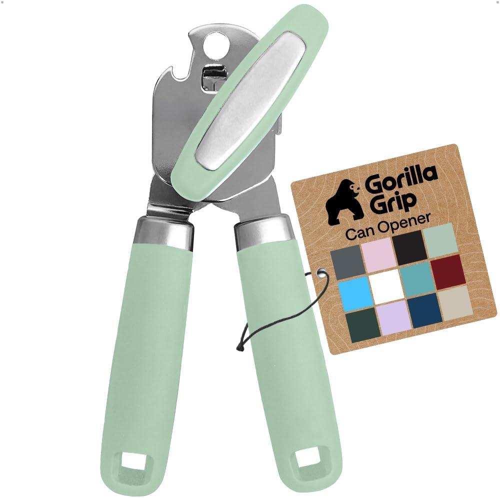 Gorilla Grip Manual Handheld Strong Can Opener, Sharp Cutting Wheel for Smooth Edge Cut, Comfortable Soft Handle, Oversized Easy to Use Turn Knob, Includes Built in Bottle Opener, Mint
