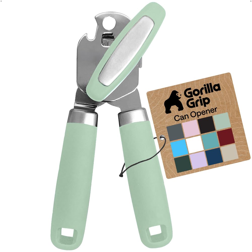 GORILLA GRIP Heavy Duty Stainless Steel Smooth Edge Manual Can Opener and Bottle Openers, Soft Comfortable Handle, Oversized Handheld Turn Knob, US Designed Multifunctional Kitchen Tool, Seafoam