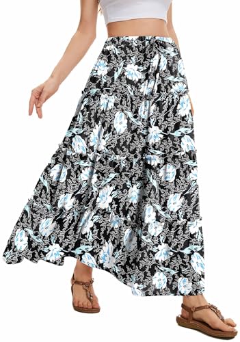 WUWUSKY Rock Damen Sommer Maxi Rock Elegant Lang Hohe Taille Sommerrock Casual A-Line Freizeitrock mit 2 Taschen,Lily Flower,XXL