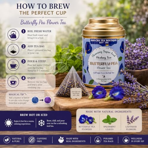 Image of Sancha Tea Boutique, Butterfly Pea Flower Herbal Tisane, 25 Pyramid Bags x 2, Caffeine Free, Brews Vibrant Blue or Purple, Perfect for Iced Beverages