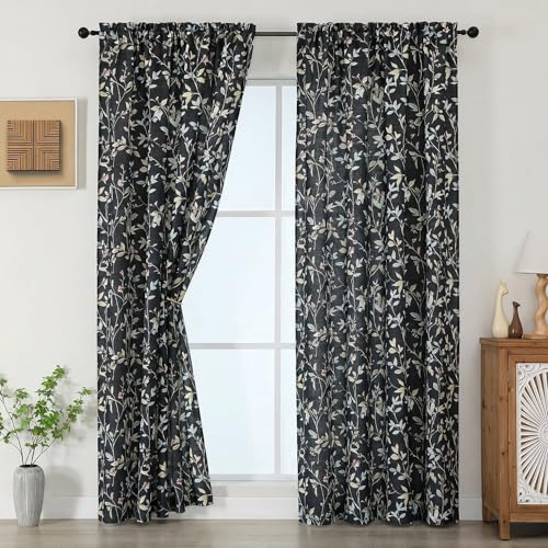 Image of Chyhomenyc Light Filtering 84 Inch Window Curtains - Linen Blend Floral Printed Curtains Drapes for Living Room, Soft Farmhouse Curtain for Bedroom, 52Wx84L Inch, 2 Panels, Black