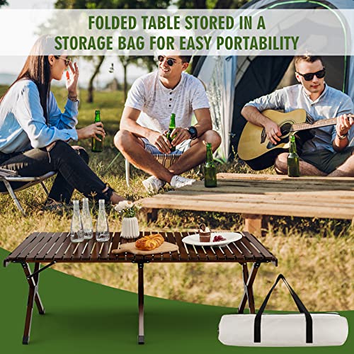 Costway Folding Picnic Table, Portable 4Ft Roll Up Camping Table With Storage Bag, For 4-6 People, Low Height Foldable Bamboo Bench Table, For Indoor & Outdoor Party, Bbq And Hiking (Brown) #TOP3