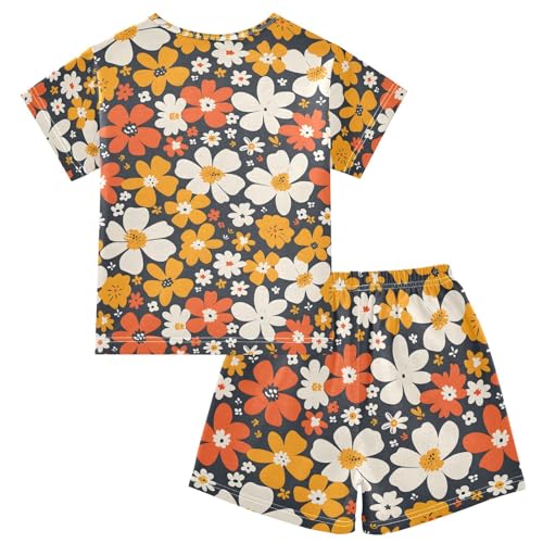ALAZA Summer Flower on Black Pajamas Set Short Sleeve Cotton Sleepwear Summer Pjs 2 Piece 5-14Y2