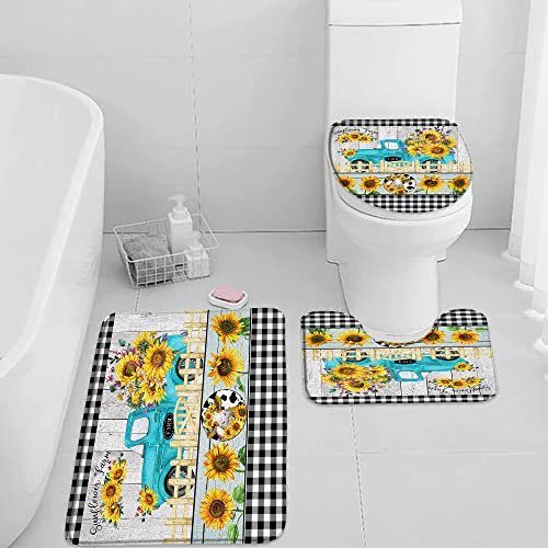 3 Pieces Set Truck Sunflower Bathroom Rugs Farmhouse Rustic Flower Cow Vintage Wooden Board Black White Buffalo Check Plaid Toilet Lid Cover Pedestal Rug U-Shaped Non-Slip Carpet