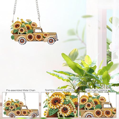 Image of AiYuanzsh Sunflower Car Diamond Painting Pendant Kit, 5D DIY Acrylic Rhinestone Diamond Art Hanging Ornament with Chain, Paint by Number Decorative Art for Wall, Home Decor Gift for Adults