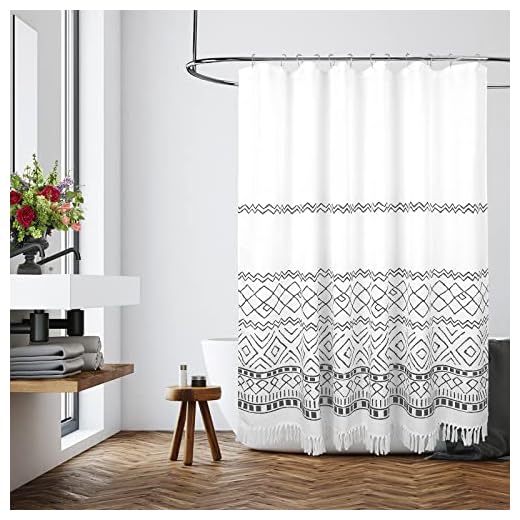 Boho Shower Curtain Grey and White, Tassel Shower Curtain for Bathroom, Grey Fabric Farmhouse Bathroom Curtains, Tribal Shower Curtain with Hooks, Machine Washable 72 x 72