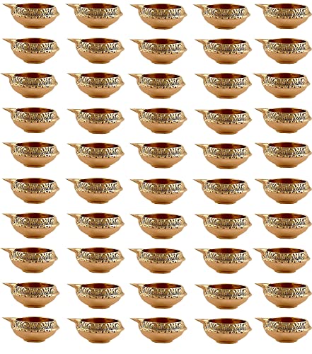 Shiv Shakti Arts (Set of 50 Peice) Pure Brass Kuber Akhand - Diya - Deepak - Oil Lamp for Diwali Navratri Laxmi Poojan - (Engraved Flower Design, Width - 2.6 Inch)