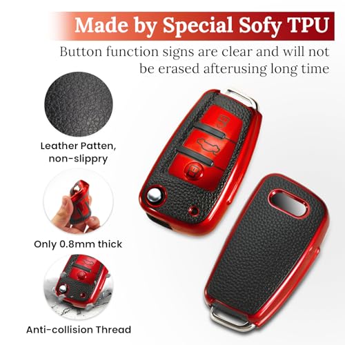 Image of Key Fob Cover for Audi, Leather-Style Keychain Tab Cover, Red