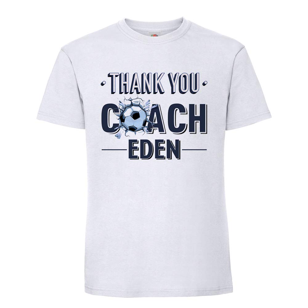 Giftme Men's White Personalised Football Lover Thank You Coach Any Name Outdoor Game Lover Enthusiast Humorous Present Gift Idea Colour Short Sleeve Soft Touch Cotton T-Shirt (L)