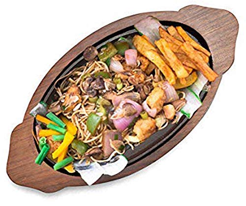 Image of REMARKABLE Iron Sizzler Plate with Wooden Base | Dessert Ovel Serving Platter with Handles | Brownie Sizzler Tray for Cake | Sizzling Brownie Plate | Hot Sizzling Plate | 13 inch | Set of 5
