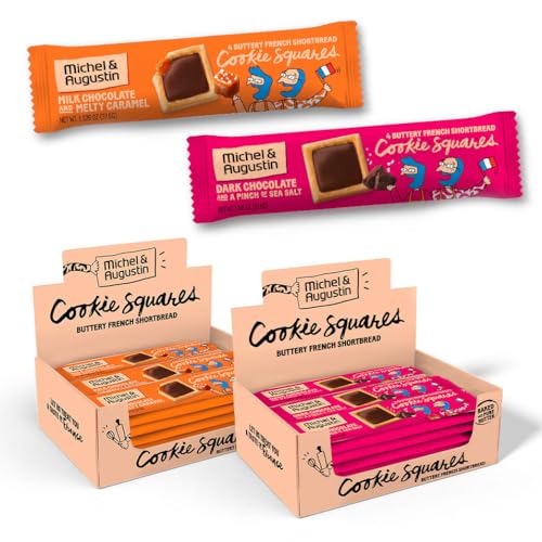 Image of Michel et Augustin Cookies, Individually Wrapped Snacks, 2 Gift Boxes, Dark Chocolate & Sea Salt and Milk Choclate Caramel Shortbread Cookie Bars, Bulk Snacks, 4 French Butter Cookies per Bar