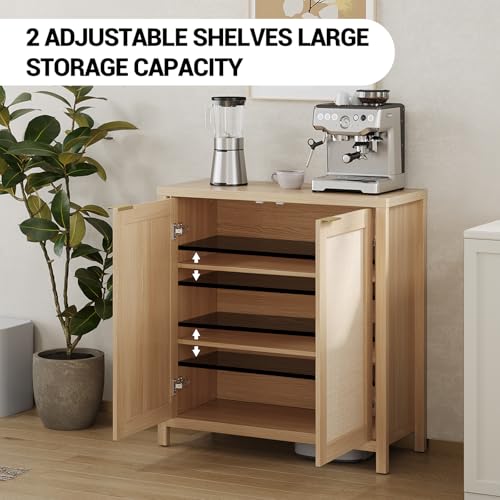 Image of Farmhouse Rattan Buffet Cabinet with Storage, 34.3 inch Accent Sideboard with Adjustable Shelves, Kitchen Console Table for Living Room, Dining Room & Entryway