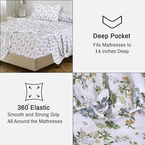 RUVANTI 100% Cotton California King Sheet Sets, 4 Pieces, Soft & Breathable Percale Weave Bedding, Deep Pocket 14", Hotel Standard, Crisp Cool Feel & Durable, Perfect Floral Sheets, Heritage
