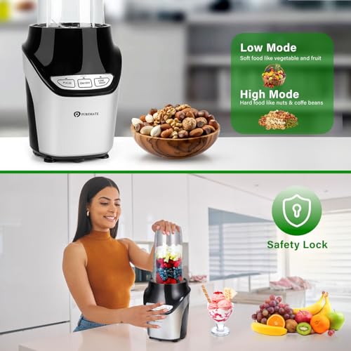 PureMate Blender and Food Processor - Powerful 18,000 RPM Extractor Blends Frozen Fruit, Nuts & Ice – 1000W Motor with Stainless Steel Blades and 3 Speed Settings – Ideal For Smoothies & Post Workout - Image 6