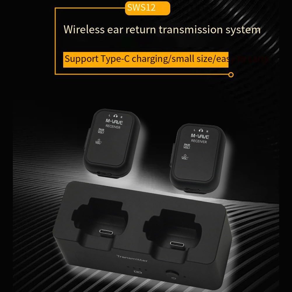 Sistema di monitoraggio auricolare wireless per M-VAVE WP-12, trasmettitore audio senza perdita di 24 bit/48 kHz con portata di 30 m, ricevitori da 1 a 2, batteria 24H