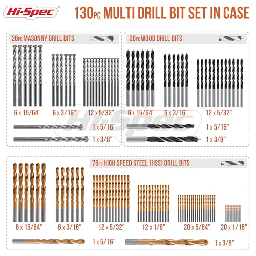 Hi-Spec 130pc Mixed Multi Drill Bit Set. 1 to 10mm HSS Titanium Coated, Masonry & Brad Point Steel Bits for Metal, Woods, Plastics, Brick and Concrete. Complete in a Box Case 2 Hi-Spec 130pc Mixed Multi Drill Bit Set. 1 to 10mm HSS Titanium Coated, Masonry & Brad Point Steel Bits for Metal, Woods, Plastics, Brick and Concrete. Complete in a Box Case - Image 2