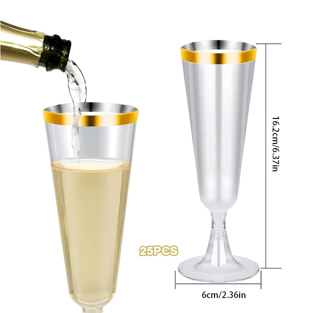 YZDZSW 25 Pcs Plastic Champagne Flutes, Disposable Prosecco Glasses, Plastic Flute Glasses for Mimosa Martini Margarita (Gold line) - Image 2