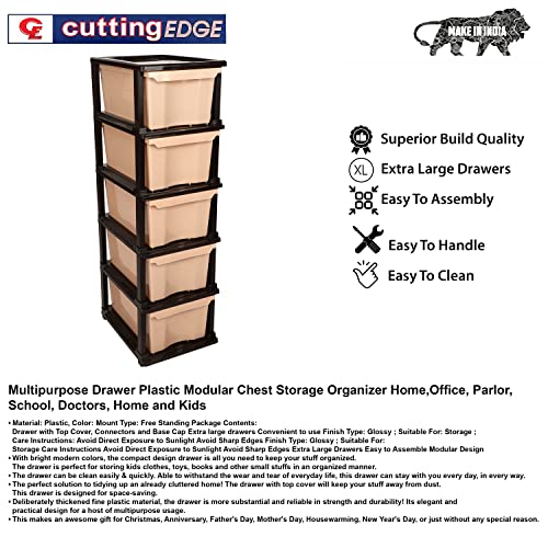 Image of SIMPARTE 5 Layer Plastic Drawer Storage Organizer Big in Brown & Beige - Durable Modular Cabinet for Home, Office, Kitchen, Kids Room & School - Multipurpose Storage Rack for Toys & More