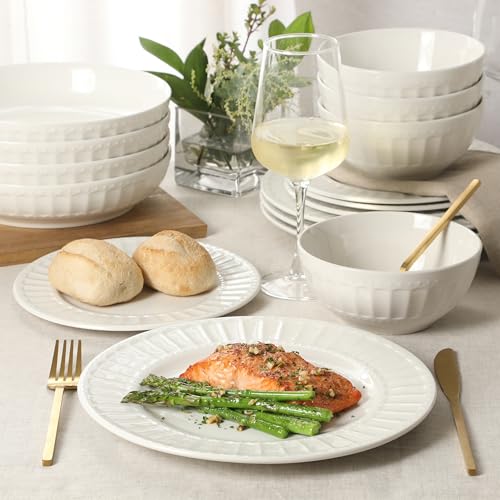 Image of Gibson Home Melbourne White Plates and Bowls Set, 16 Piece Embossed Ceramic Dinnerware Set - Service for 4 Dishes - With Pasta Bowl