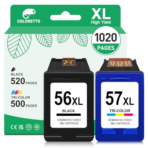 COLORETTO para HP 56 57 Cartucho de Tinta Remanufacturado Compatible con 4105 4110xi 1210 1215 1216 1315 1350 2105 2110 2175 2210 4212 4215 4255 5150 5550 7260 Impresoras(1 Negro,1 Tricolor)