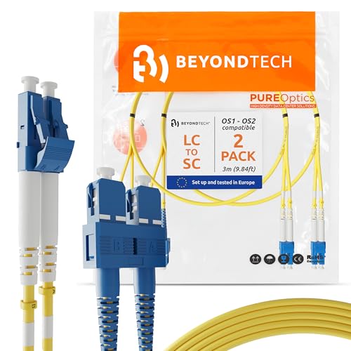 BEYONDTECH LC to SC Fiber Patch Cable Single Mode Duplex - 3m (9.84ft) - 9/125um, Compatible with OS1 - OS2, LSZH (2 Pack) PureOptics Cable Series