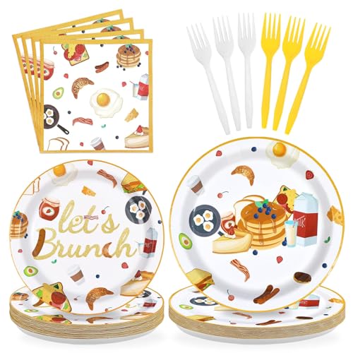 Greencian 96Pcs Let's Brunch Party Supplies Breakfast Food Theme Plates and Napkins Brunch Tableware Set for Birthday Baby Shower Bachelorette Bridal Shower Party Supplies，Serves 24