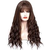 HUA MIAN LI Long Wavy Wig with Bangs Synthetic Wig for Women - Cheap Wigs Natural Looking 26 inch Hair Replacement Cosplay Wig for Party Body Wave Heat Resistant Wig (Brown)