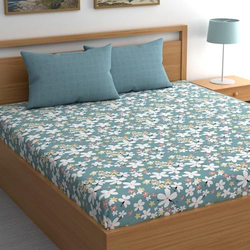 Image of LOOMLYFE 300 TC Cotton Double Bedsheet with 2 Pillow Covers | 90x100 Inches King Size Bed Sheet | Soft, Breathable & Fade Resistant Bedding Set - SkyBlueFlower