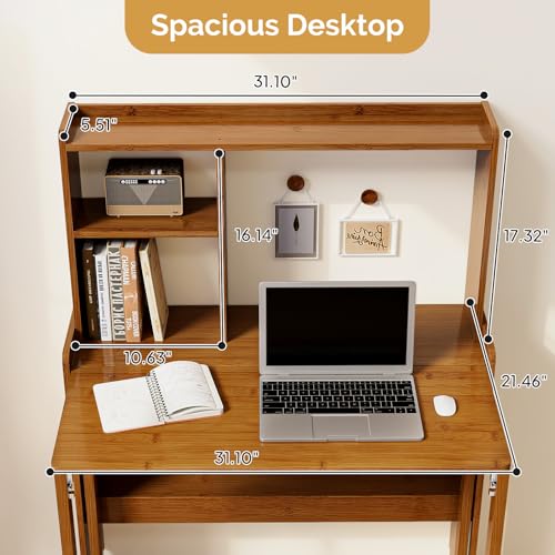 31.1" Bamboo Folding Desk with Bookshelf, Compact Computer Desk for Small Spaces, Foldable Study Table with Storage Shelf, Space-Saving Home Office Table for Bedroom, Dorm, Apartment,Brown - Image 3