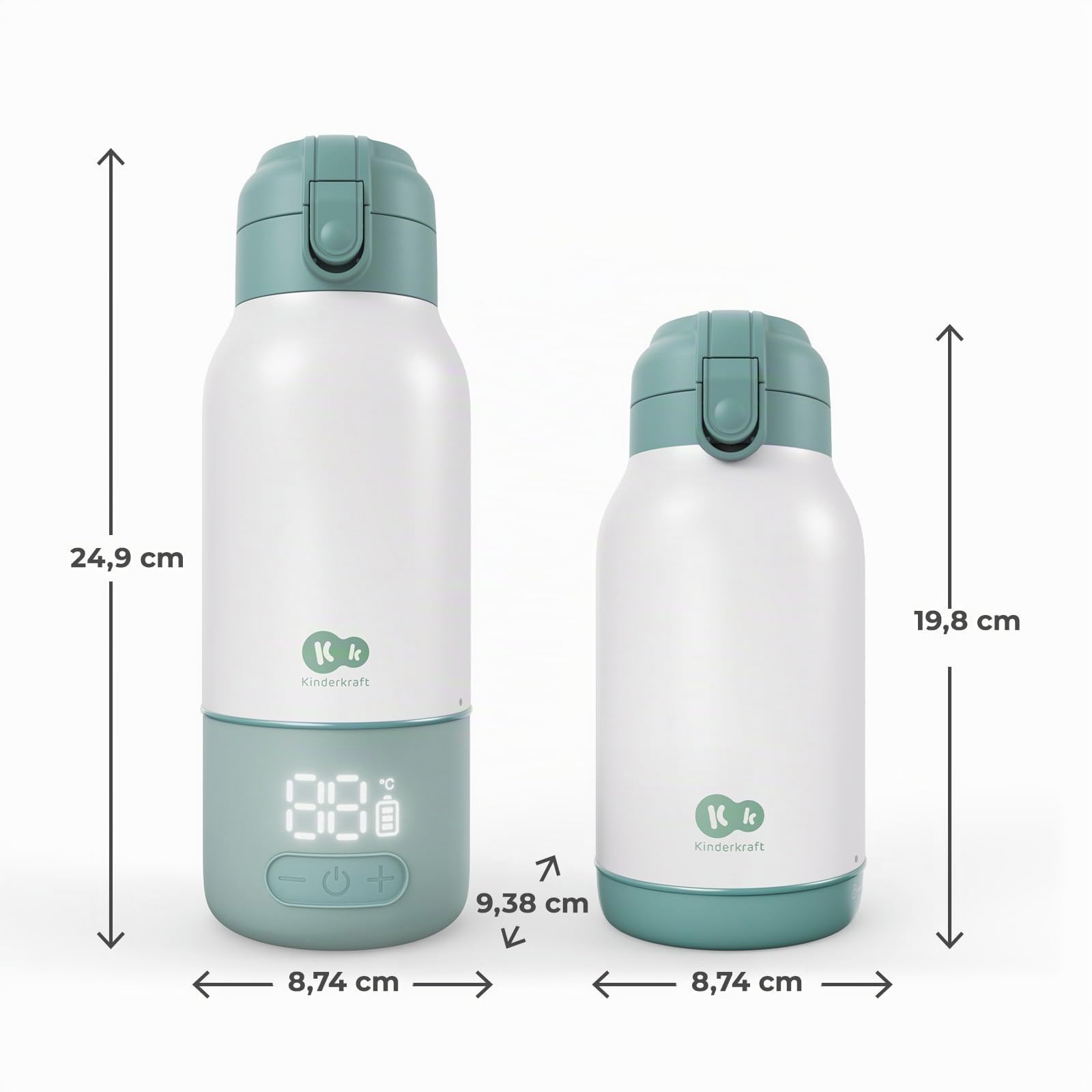 Kinderkraft GAJA, calentador de leche portátil y termo 2 en 1, 500 ml, para bebé y viaje, USB-C, 5 temperaturas, calentamiento rápido en 120 s, hasta 20 h, Verte