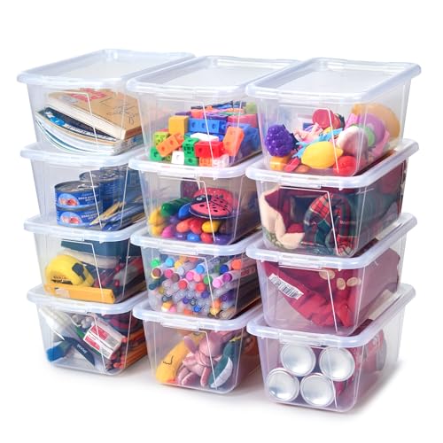 Image of GAMENOTE 6 Quart Storage Bins with Lids, Plastic Latching Box for Classroom & Kids Toy Storage,Stackable Shoe Box Size Containers for STEM Morning Tubs, Crafts & Building Blocks (12, Clear) | Stackable 6-quart bins with lids organize classroom supplies, crafts, toys and building blocks for Classroom & Kids Toy