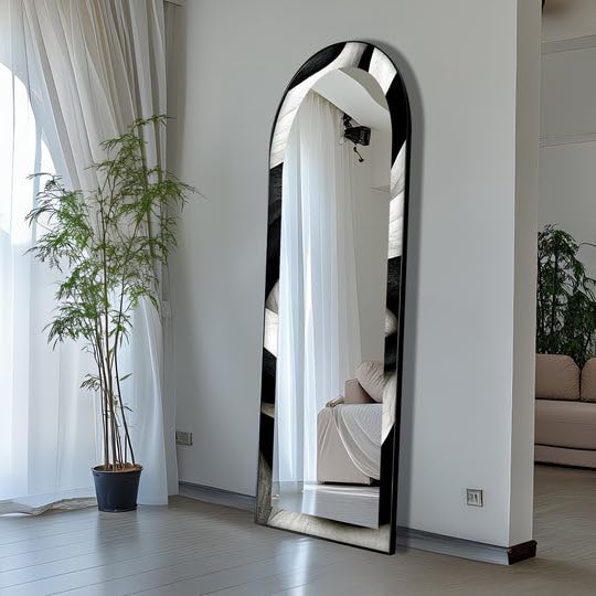 Specchio da pavimento a forma di onda bianca e nera, lunghezza completa, lunghezza completa, specchio ad arco a tutto corpo, specchio da pavimento macchiato con cornice nera e