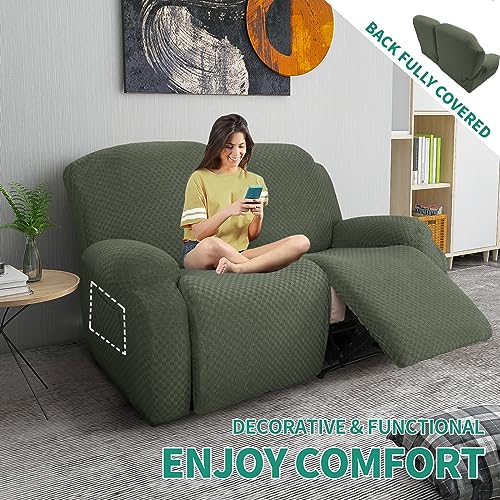 Image of YEMYHOM 6 Pieces Stretch Loveseat Recliner Slipcover Jacquard Recliner Sofa Cover with Side Pocket Fitted Recliner Cover Couch Furniture Protector with Elastic Bottom (Medium, Army Green)
