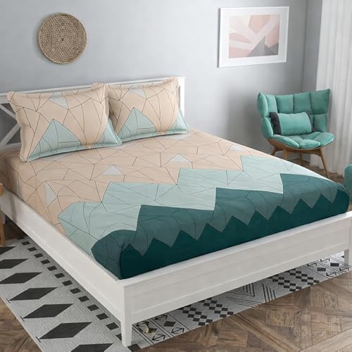 Image of Premium Cotton Fitted Bedsheets with 2 Pillow Covers for King Bed | 200-220 TC | Size 78x72+10 Inches | The Home Style Pastel Green Beige | Soft, Durable, All-Around Elastic Luxury Collections