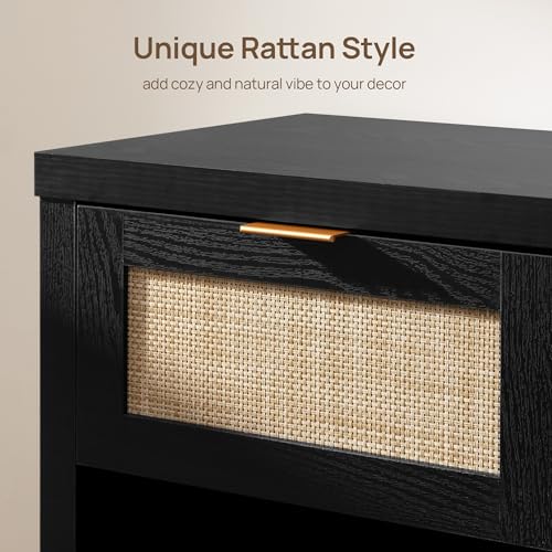 Image of SICOTAS Black Rattan Nightstand Farmhouse Night Stands with Drawer
