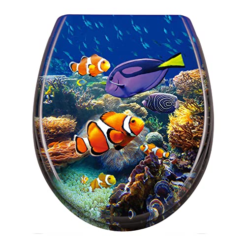 Froadp Lunette de toilette avec abattant de toilette ovale à fermeture douce en plastique dur antibactérien pour toutes les toilettes standard, installation et nettoyage faciles (Poisson Ornemental)