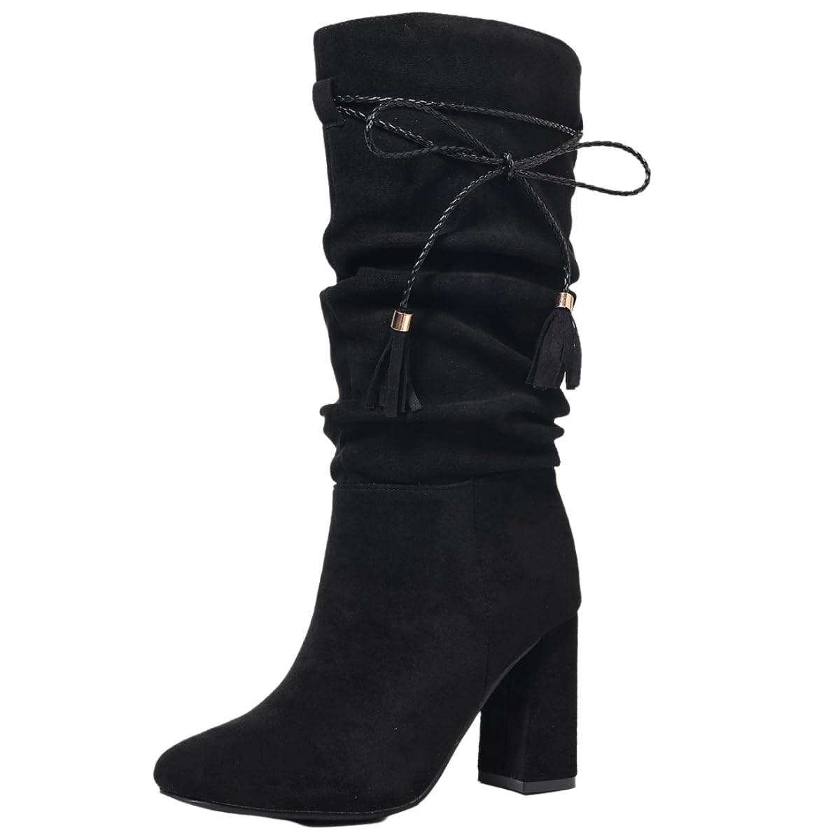 Womens Suede Slouchy Boots with Braided Rope Tassel Western Style Casual Mid-Calf Booties 9cm Chunky Heel 27cm Shaft
