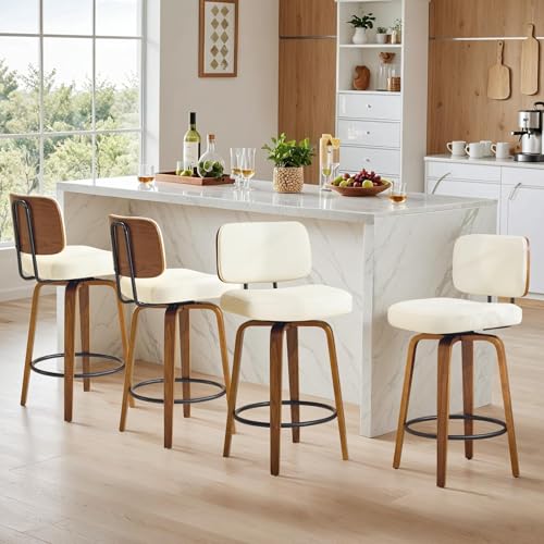 Image of Counter Height Bar Stools Set of 2, 26+inch Swivel Faux Leather Barstool with Back, Upholstered Mid-Century Modern Bar Chairs with Bent Wood Legs for Kitchen Counter, Dining Room, Cream White
