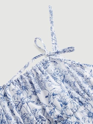 Women's Floral Print Knot Sleeveless Dress Ruched Tiered Layer Ruffle Hem Cami Dresses Boho Summer Mini Dress3