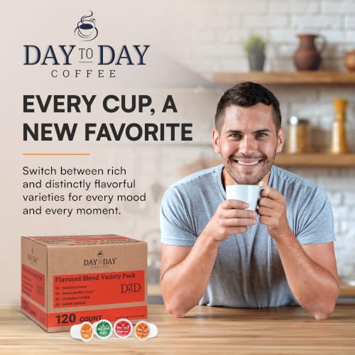 Image of Day To Day Coffee Flavored Variety Pack, 120 Count Single Serve Pods, 4 Coffee Blends (Hazelnut Creme, Jamaican Me Creme, Cinnamon Cookie, Salted Caramel), Compatible with Keurig K-Cup Brewers, No Added Sugar